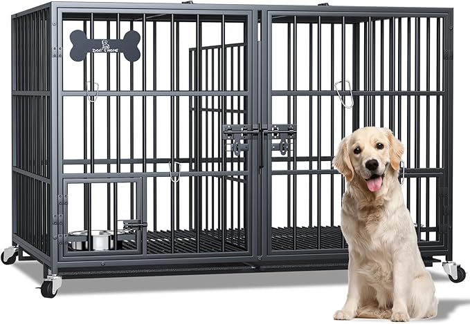 Dosker 42 inch Heavy Duty Metal Dog Crate with Divider for 2 Dogs/Large Dog, All Metal Open Top Escape Proof Cage, Indoor Dog Kennel with Wheels, Floor Grid, Tray, Feeding Bowl