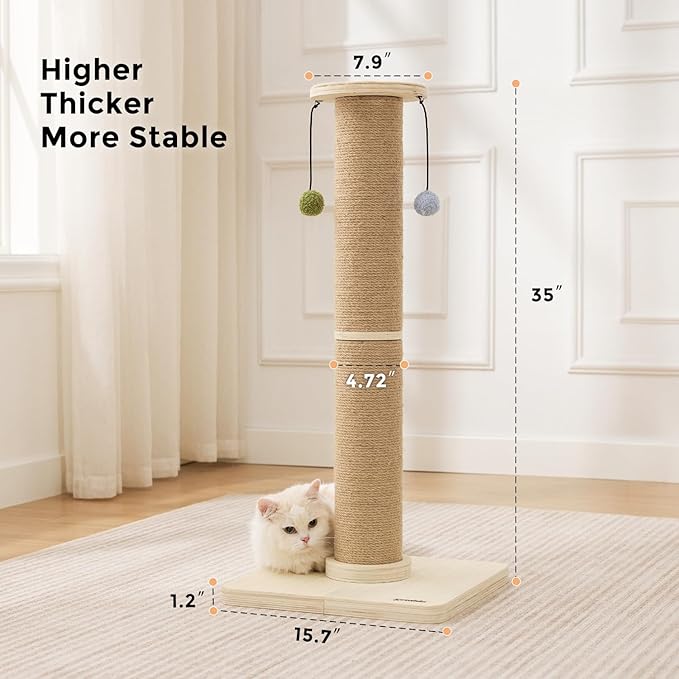 35'' Cat Scratching Post for Indoor Cats Adults, Tall Scratching Posts with Thicken Wooden Base, Sisal Scratcher Top & Removable Dangling Balls, Super Sturdy for Large Big Cat