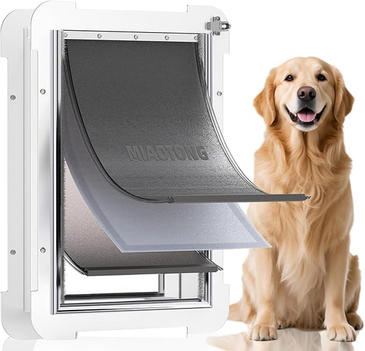 3-Flap Steel Large Dog Door for Exterior Doors with Sliding Lock Panel, Energy-Efficient Insulated Pet Door, Extreme Weather Doggy Door with Telescoping Tunnel, Never Rust(Pets Up to 100 Lb)