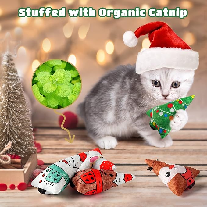Christmas Catnip Toys Interactive Cats 5PCS Cat Nip Toy/Kitten Chew Plush Gift/Best Play Kick Stuff/Kitty Stuffed Teething Pillow/Cute and Soft Dental Gifts (5 types of Christmas decorations)