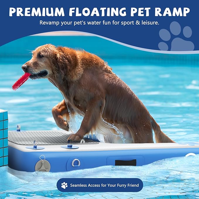 Dog Boat Ramp - Inflatable Dog Pool Ramp for Boat (40" x 35.5"), Non-Slip Water Ladder for Dock, for Pets Up to 250 lbs, Easy Access from Swim Platform, Pool or Floating Docks for Lakes, Blue