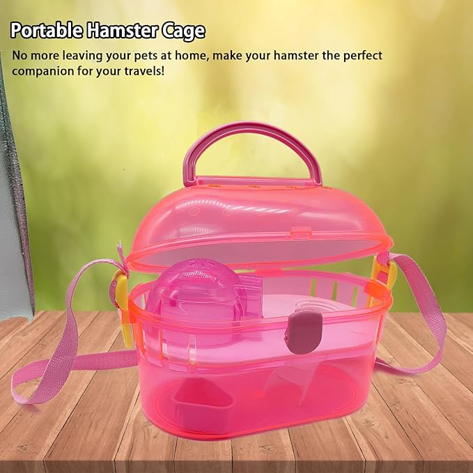 kathson Portable Hamster Cage Dwarf Hamster Carry Case Syrian Hamster Carry Travel Cage with House Food Bowl Adjustable Strap Pet Outgoing Cages Carrier for Small Hamster Young Guinea Pig Pink