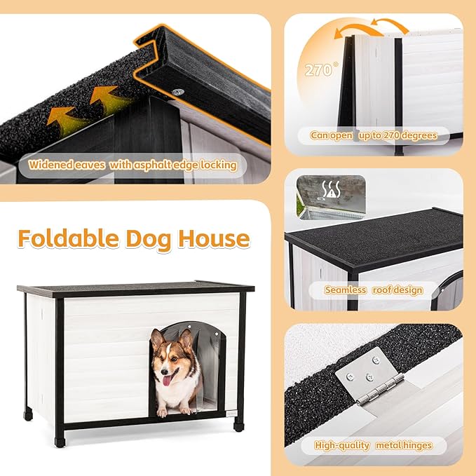 Petsfit 40.2" Dog House Outdoor, Unfold to Use, Folding Dog House Outdoor, No Tools Required Assembly, Outside Dog House with Durable Asphalt Roof (Medium, White)