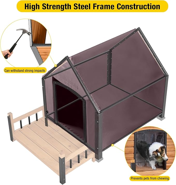 Dog House Outdoor, Insulated Dog Kennel Outside for Large Breed, 50.87" L Weatherproof Large Dog Shelter with Anti-Chewing Iron Frame (Brown, 50.87" D x 37.44" W x 37.2" H)