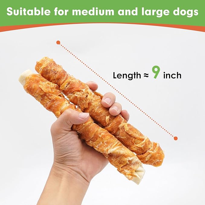 MON2SUN Dog Treats, 9 Inch Chicken Wrapped Rawhide Rolls Snacks, Teeth Cleaning and Long Lasting Chews for Medium and Large Dogs, 38.8oz (10 Count-Pack of 1)