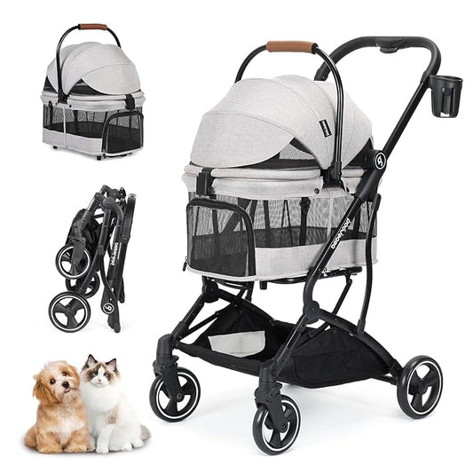 T3 3 in 1 Small Pet Stroller for Dogs & Cats, 4 Wheels for Dogs with Detachable Carrier with Pad, Canopy and Cup Holder, Grey