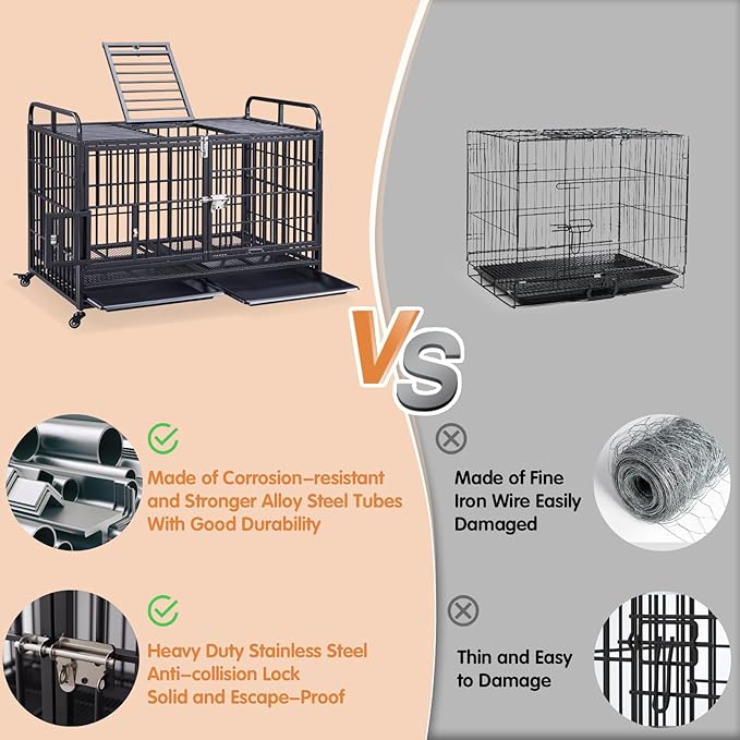 Lauren&Harold 48 Inch Heavy Duty Dog Crate for Medium/Large Dogs, Metal Dog Kennel Indoor with Top Door&Feed Door, Easy-to-Clean XL Dog Cage with Removable Tray&Wheels, Large Dog crates Furniture