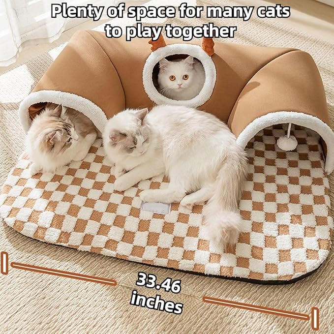 Cat Tunnel Bed Indoor,Cat Peekaboo Cave Bed for Multiple Cats,Kitty Tube with Balls Toys,Removable Small Dog House Washable,Small Animal Tunnel for Kitty,Bunny (Brown,X-Large)