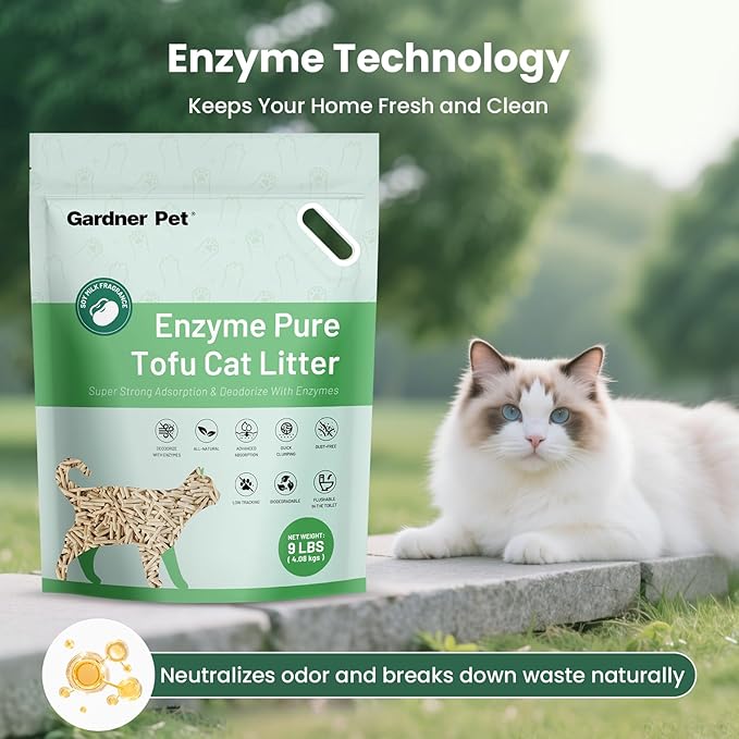 Gardner Pet Enzyme Tofu Cat Litter, Flushable Clumping Cat Litter, Low Dust, Odor Control, Plant-Based Natural Kitten Litter with Fast Absorption & Low Tracking (9LBS*2)