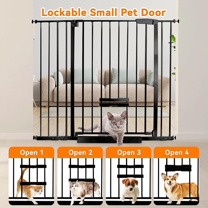 41 Inch Tall Baby Gate with Small Cat Door, Adjustable Auto Close Dog Gate Easy Walk Thru Pet Door for Stairs, Doorway, House (Black, 29.52"-43.71")