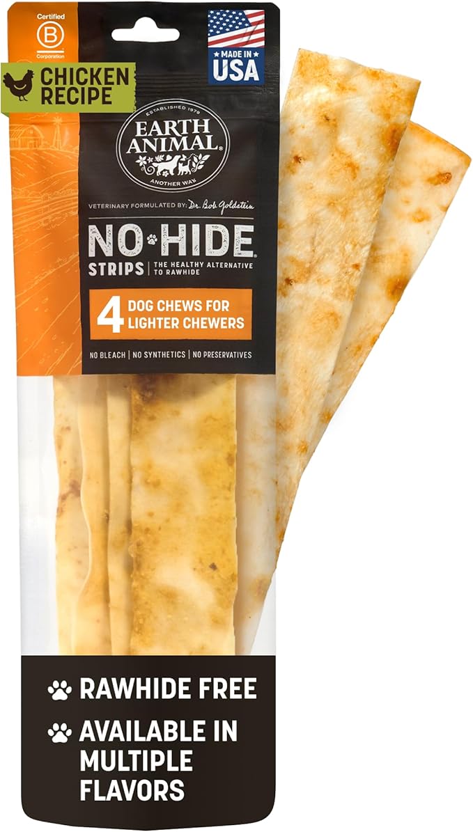 Earth Animal No Hide Strips Chicken Flavored Natural Treats | No Rawhide | Quick & Thin Dog Chews - 4 Count