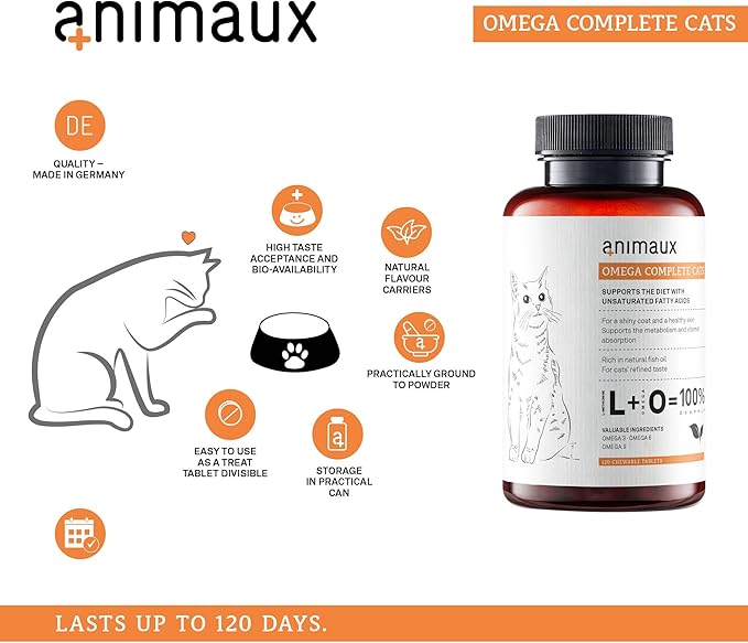 animaux - Omega Complete for Cats Fish Oil Tablets, Omega 3,6 & 9 Fatty acids to Support Metabolism, Bone Structure, Barf Supplement, Salmon Oil for Skin & Coat, 120 chewable Tablets, 120 Days Supply