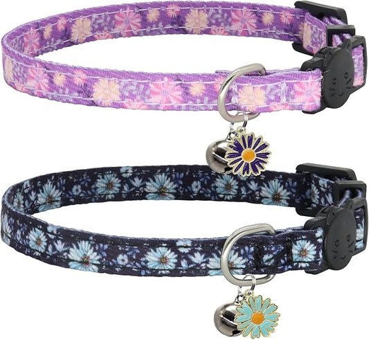 Cat Collar Breakaway, 2 Pack Cotton Cats Collars with Bells, Cute Flowers Shaped for Girl Boy Kittens, Purple and Blue