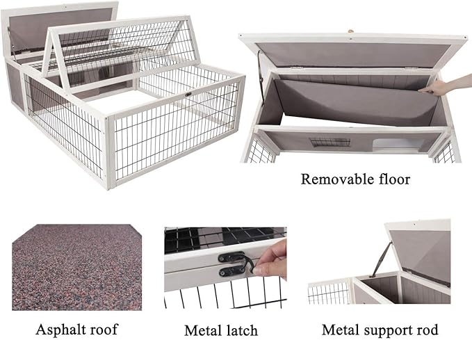 Tortoise House Habitat Wooden, Chicken Coop with Run Rabbit Hutch Small Animal Hutch Enclosure Indoor/Outdoor-Grey + White Trim
