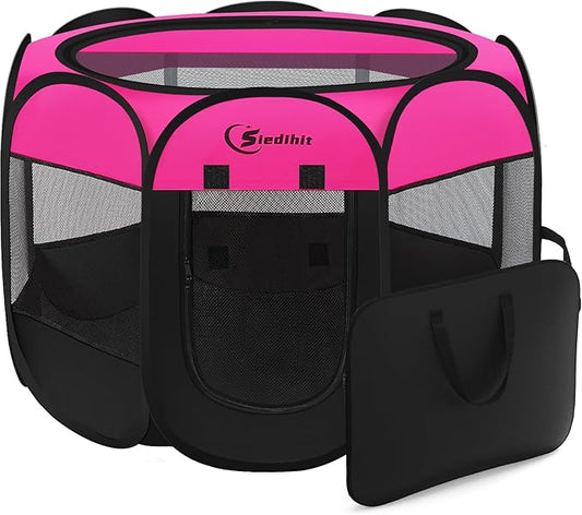 Dog Playpen, Puppy Pet Playpens Indoor for Medium Dogs Tent Crates Cage Indoor/Outdoor, Portable Pop Up Dog Kennel Playpen with Carrying Case for Dogs/Cats/Rabbits, Removable Zipper Top, Hot Pink