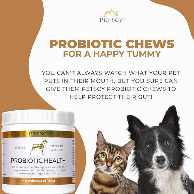 PetScy - Probiotic Chews for Dogs, Probiotic for Dogs of All Ages, Sizes & Breeds with Prebiotic Fiber and Pure Omega-3 | Improves Skin, Coat, and Gut Health, 30 Chews