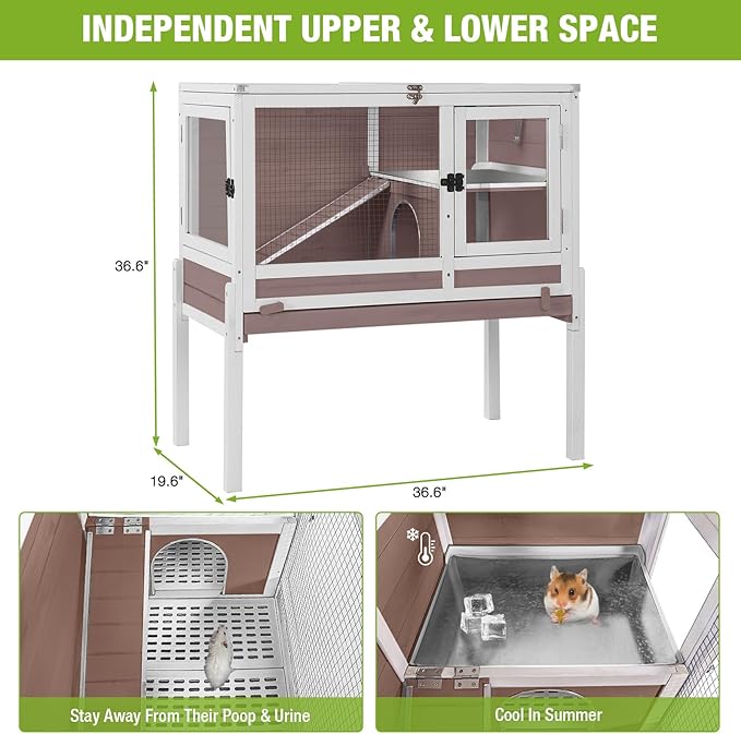 Wooden Guinea Pig Cages Indoor,Two-Story Wooden Rabbit Cage Hutch with Removable Stand and Pull Out Tray, Small Animals Cage Habitat with Ramp and Plastic Mesh(Brown&White)