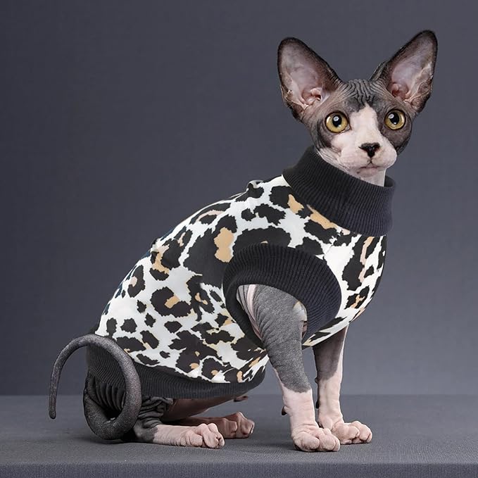 Idepet Cat Clothes Kitten Sweater Soft Kitten Shirt Cute Leopard Print Kitty Vest Pullover Pajamas Jumpsuit Cotton Apparel for Hairless Cats &Puppy (White,XL)