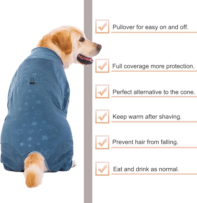 Dog Coats Autumn Winter Jumpsuit for Large Medium Dogs, Warmer Recovery Suit Polar Fleece Dog Bodysuit Lightweight Pajamas Pullover Stretchy Onesie Four-Legged Cold Weather Clothes(5XL, Blue)