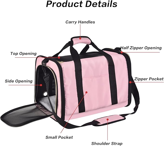 Petmolico Cat Carrier Soft-Sided Pet Bag for Small Medium Cats Puppies 16LBs - Airline Approved Pet Travel Carrier 3 Open Doors (Medium,Pink)