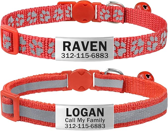 TagME 2 Pack Cat Collar with Name Tag, Personalized Reflective Cat Collar Breakaway with Bell for Boy & Girl Kitten, Red
