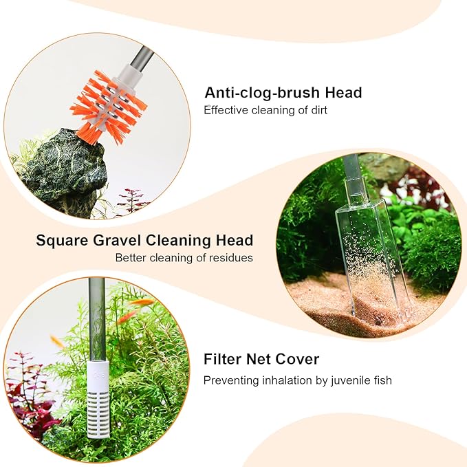 AQQA Aquarium Siphon Vacuum Cleaner Kit with 3 Replaceable Heads, Extra 2-in-1 Algae Scraper Cleaning Brush, Manually Siphon Ball Water Changer, Extendable Length to 31In for Fish Tank Cleaning (S)