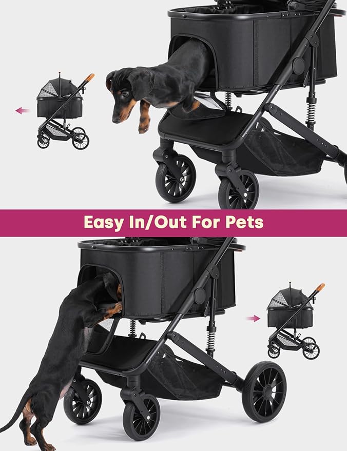 Dog Stroller for Small/Medium Dogs Up to 60lbs, 4 Wheels Folding Pet Stroller with Detachable Carrier, Pet Travel Carrier for Puppy & Cats, Storage Basket, Breathable Mesh, Black