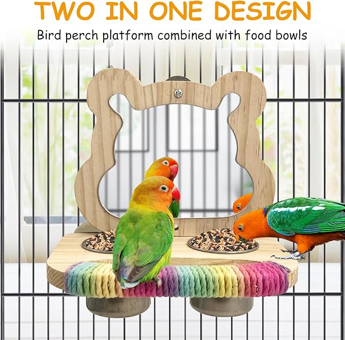 Tfwadmx Bird Parrot Wooden Feeding Cups Small Bird Feeding Dish Cups Stainless Steel Birds Bowls Food Water Bowls with Food Holder for Finches Cockatiel Lovebirds
