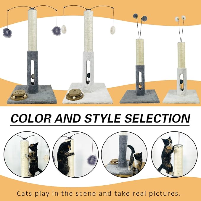 31" Cat Scratching Post Kitten Toys for Indoor Cats Interactive Scratcher with Tracking Ball, Sisal Scratch Rope for Large Cats,Sturdy Base Cat Scratch Post, (Beige, 31" H)