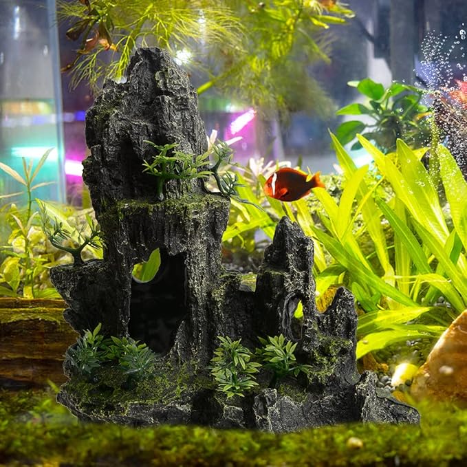 AnRui Large and Tall Aquarium Mountain View Stone Decorations Resin Betta Rock Aquascaping Hiding Cave Ornaments Fish Tank Accessories Decorations with Small Plants