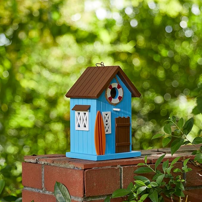 Glitzhome Bird Houses for Outside,10" H Modern Solid Wood Hand Painted Hanging Bird House Beach Hut Decorative Pet Cottage Outdoor Garden Birdhouse for Finch Bluebird Cardinals,Blue