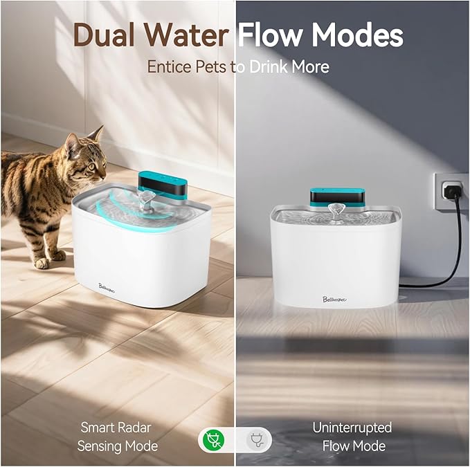 Cat Water Fountain, App Control Cat Fountain, 122oz/3.6L Pumpless Water Fountains for Cats Indoor with Stainless Steel Tray, Wi-Fi Dog and Pet Water Fountain (White, Fountain+8 Fliters)