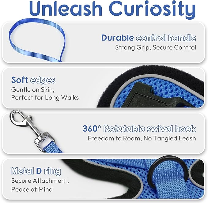 Dooradar Cat Harness and Leash Set, Escape Proof Safe Adjustable Kitten Vest Harnesses for Walking, Easy Control Soft Breathable Mesh Jacket with Reflective Strips for Cats, Blue, S