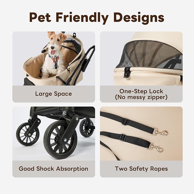 【One-Pull Open Ver.】 PETTENA Dog Stroller for 2 Dogs, One-Touch Foldable Dog Stroller for Small/Medium Dogs Cats up to 44 Lbs, Khaki
