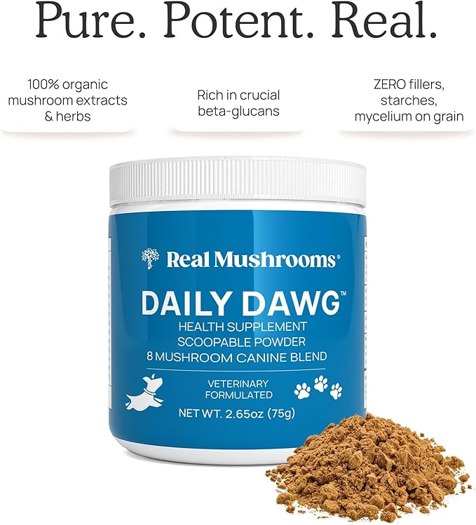 Real Mushrooms Whole Dog Health – Functional Mushroom Blend for Dogs with Lion’s Mane, Cordyceps, Turkey Tail, Reishi, Shiitake for Overall Wellbeing of Dogs – 2.65 oz Powder Supplement