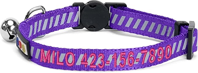 Pawtitas Personalized Cat Collar with Safety Buckle and Removable Bell Cat Collar with Name Phone Number Kitten Adjustable Collar Customized Cat Collar | Purple Reflective Collar for Cats