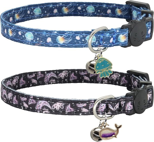 Cat Collar Breakaway, 2 Pack Cotton Cats Collars with Bells, Cute Ocean Shaped for Girl Boy Kittens