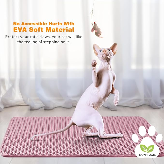 Waterproof Cat Litter Mat, Double Layer EVA, Odor-Free Large Grid, Urine Proof, Easy Cleanup (Pink, 12 x 18)