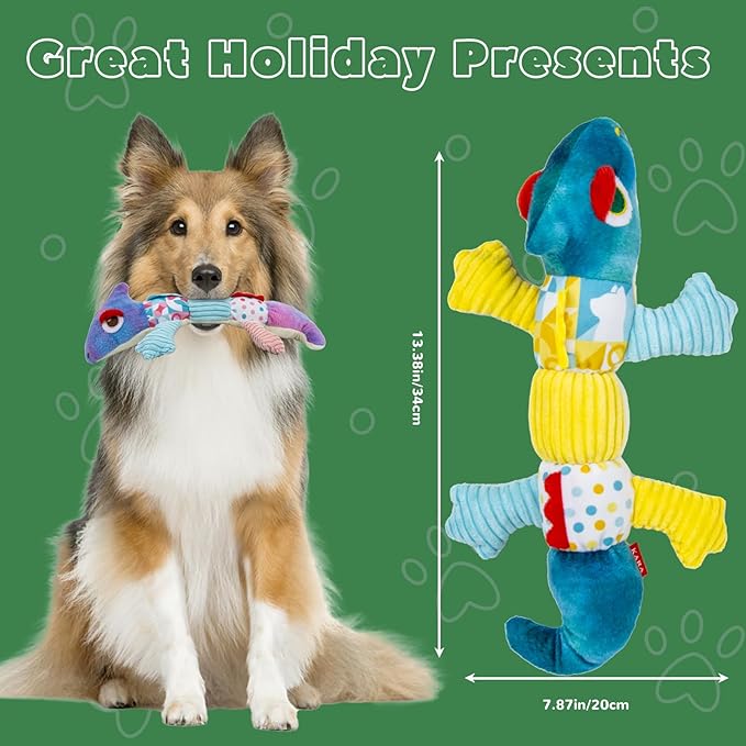 Crinkle Dog Toys Squeaky Plush No Stuffing Cute Puppy Stuffless Tough Rop Pull Toy, Fun Dog Stuffed Animals Durable Chew Set for Small Medium Large Pup (Large, Blue+Purple Chameleon)