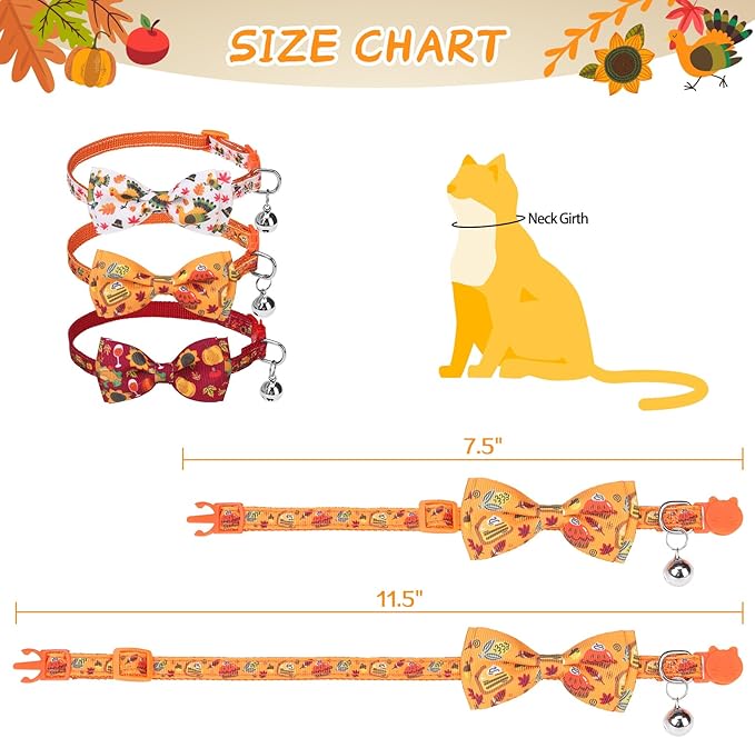SCENEREAL Fall Thanksgiviing Cat Collar Breakaway, 3 Pack Kitten Collars with Bell, Bowtie and Safety Buckle - Adjustable Cute Holiday Cat Collars with Turkey and Pumpkin Pattern for Girl Boy