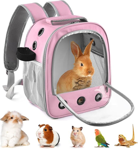 Guinea Pig Carrier Backpack, Portable Rabbit Travel Carring Bag for Pet Bunny Chinchilla Bearded Dragon Hamster Parrot Outgoing Pouch Case with Water Bottle Holder & Detachable Pad (Pink)