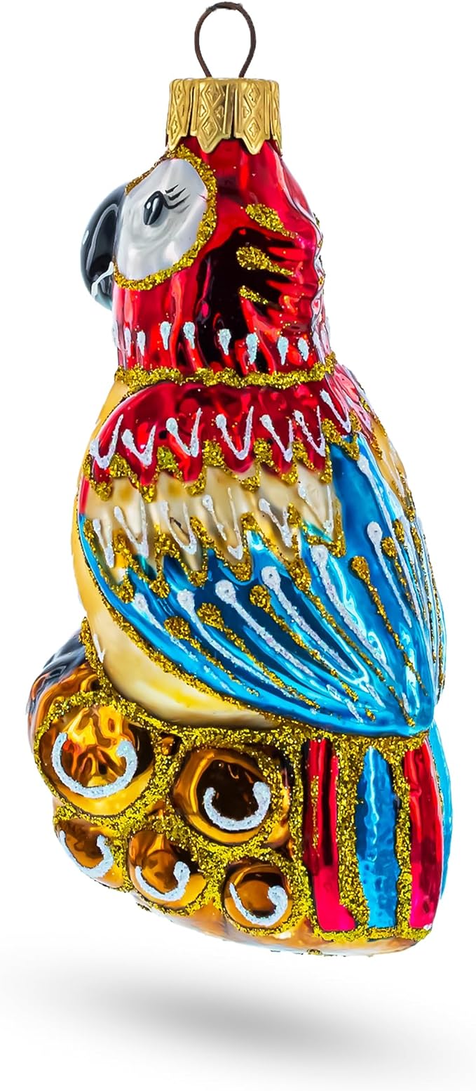 Colorful Parrot on a Branch Glass Christmas Ornament