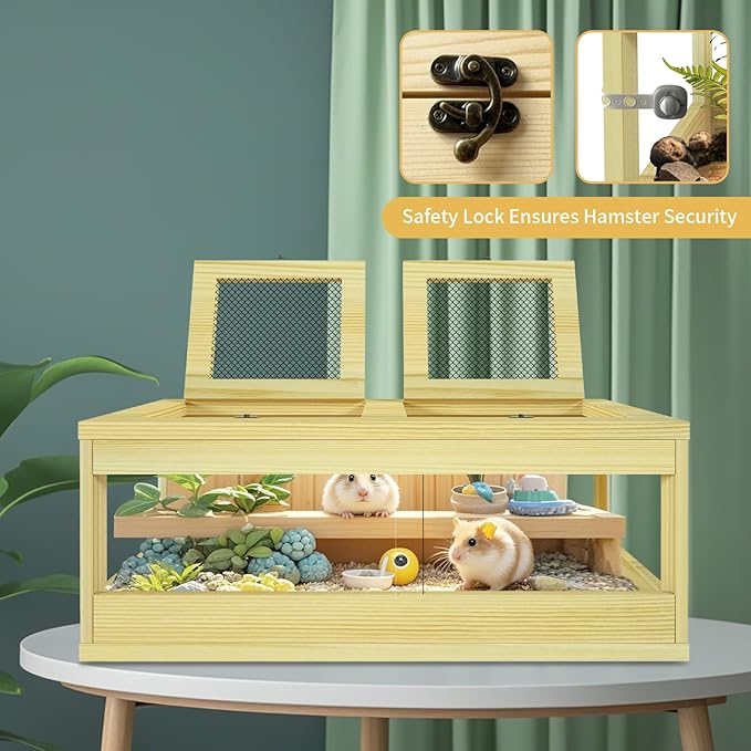 Large Hamster Cage, Solid Wood Gerbil Cage, Chewproof Hamster Cages and Habitats, Sliding Doors, Top Ventilation Window, Guinea Pig Cages for Small Animals, Dwarf, Syrian, Mice, 36" x 18" x 12"