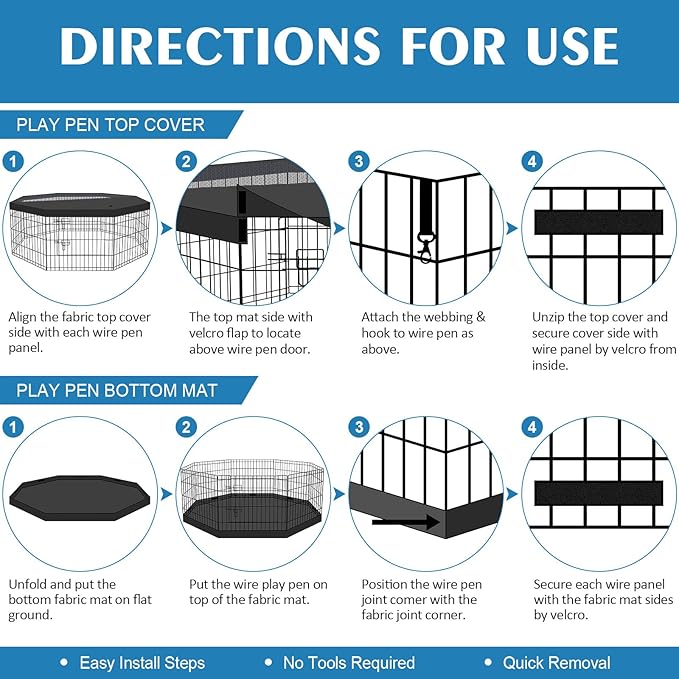 Foldable Metal Wire Dog Pen Pet Playpen Dog Fence Indoor Exercise Pen Enclosure Indoor Outdoor with Bottom Pad and Top Cover (Black 24 top Bottom Cover)