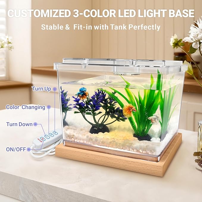 Mini Betta Fish Tank Kit with LED Light Base, Small Fish Bowl for Temporary Space, 0.2 Gallon Stackable Cube Tank with Artificial Plants for Small Fish, Insect, Shrimp, Crab, Spider (Kit-2)