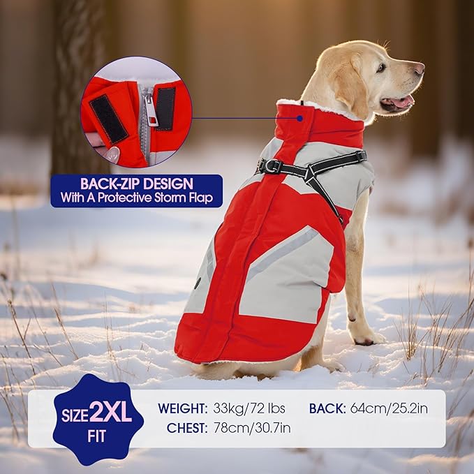 FUAMEY Dog Winter Jackets for Small Dogs,Dog Coat with Harness Built in,Waterproof Dogs Snowsuits Warm Pet Jacket Zip Up Fleece Cold Weather Coats Reflective Puppy Vest with Pocket Red S