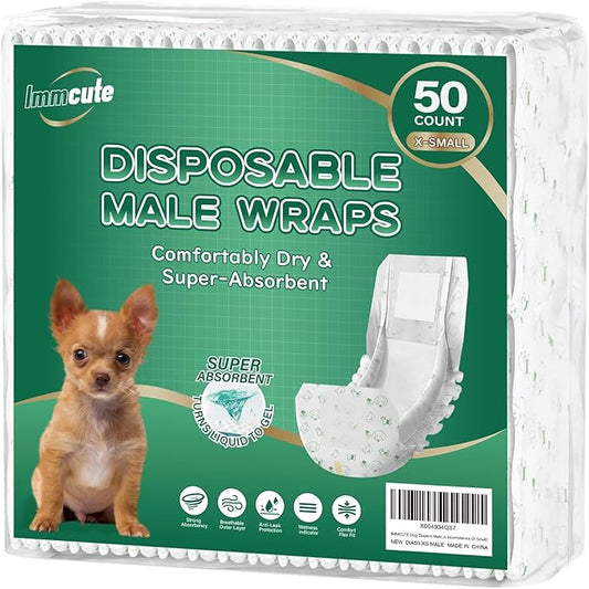 IMMCUTE Dog Diapers Male 50 Ct, XS Size, Super-Absorbent Male Dog Wraps Disposable Doggie Diapers with Wetness Indicator, Puppy Diapers Male for Marking, Excitable Urination