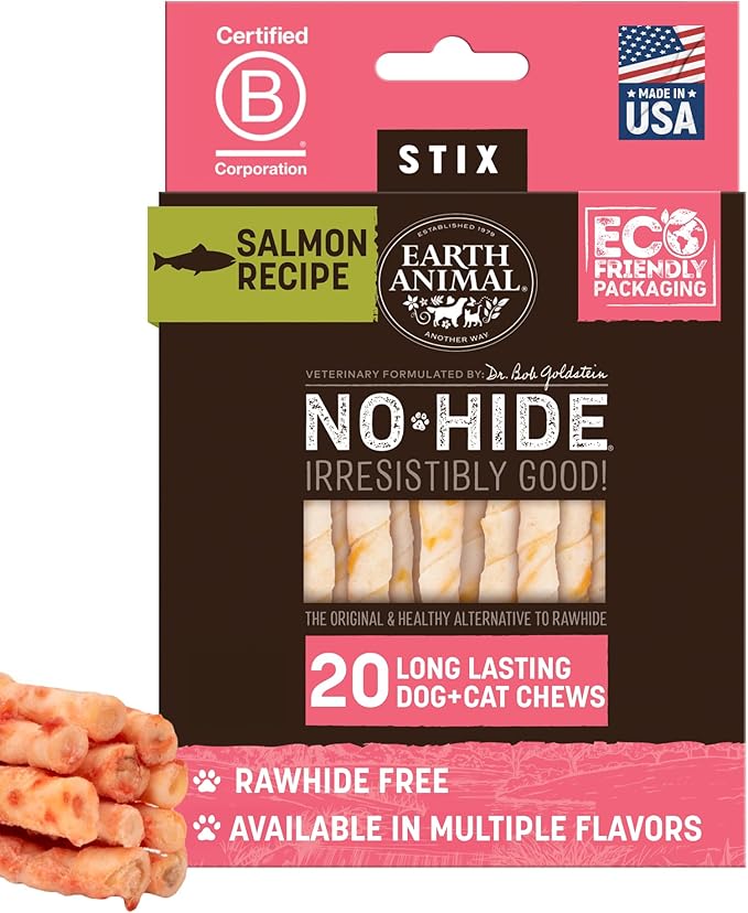 Earth Animal No-Hide Stix Salmon Recipe Natural Rawhide Alternative Dog & Cat Chews - 20 Count Value Pack