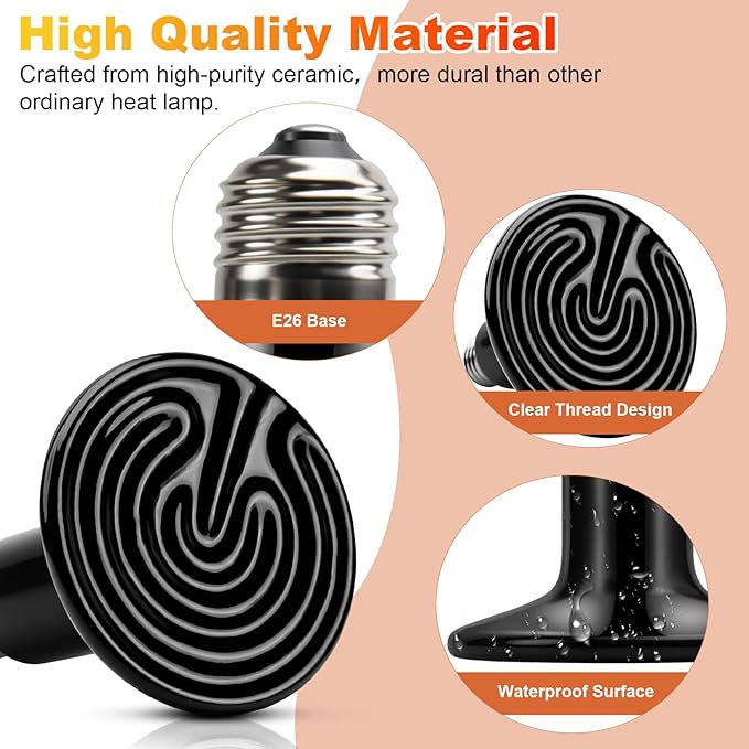 MIXJOY 250W Reptile Heat Lamp 2Pack Ceramic Heat Emitters Reptile Heat Lamp Bulbs, No Light Emitting Ceramic Heat Bulbs for Amphibian Terrarium Reptile Gecko Lizard Bearded Dragon Turtle Chicken Snake