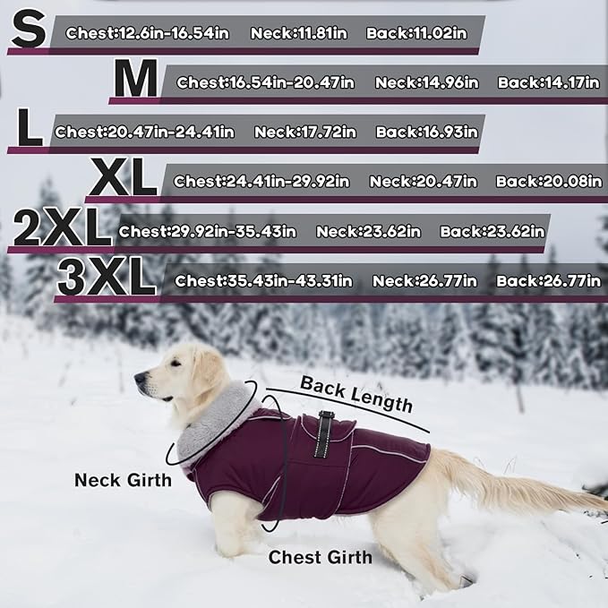 Lelepet Warm Dog Coat Reflective Fleece Vest Waterproof Dog Jacket with Adjustable Buckle Hook & Loop Windproof Cold Weather Coats for Small Medium Large Dogs, Dark Purple, L